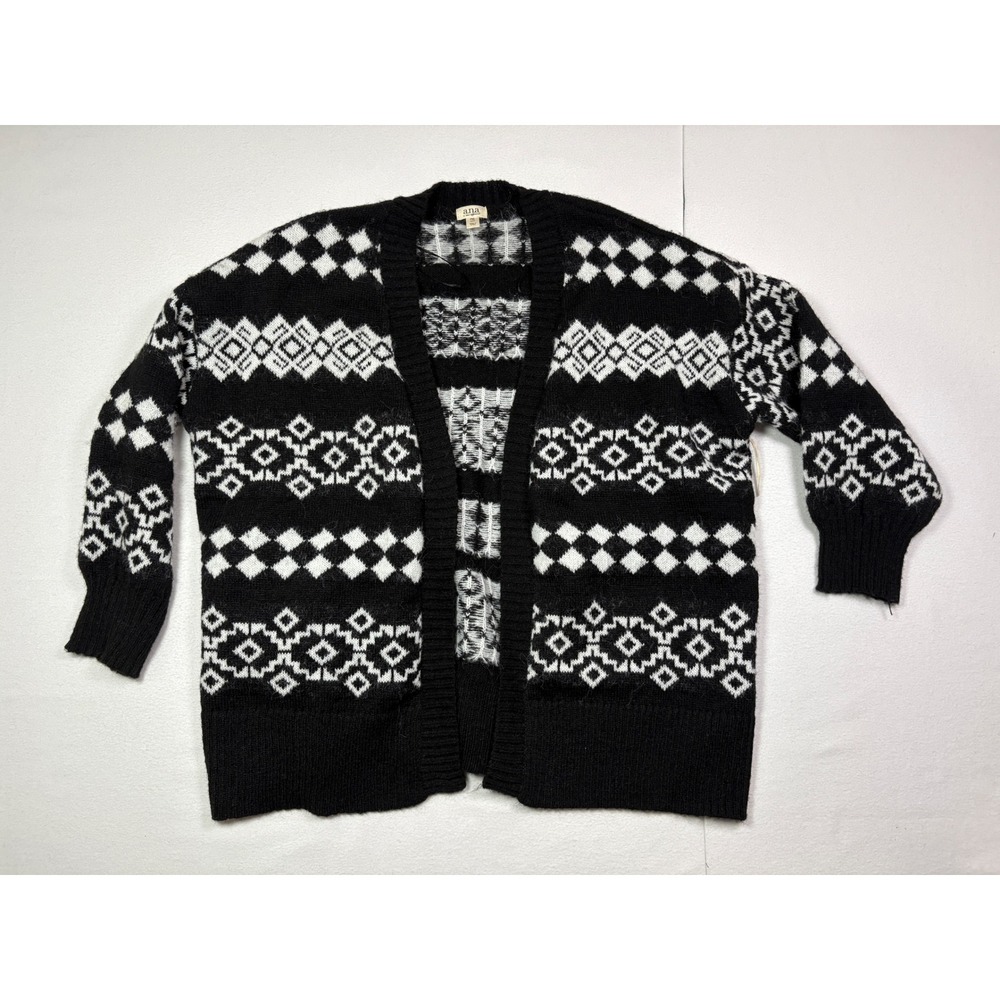 ana A New Approach Black White Fair Isle Open Front Cardigan PXL Petite XL